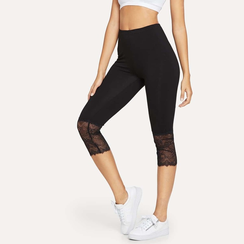 

Eyelash Lace Trim Short Leggings, Black