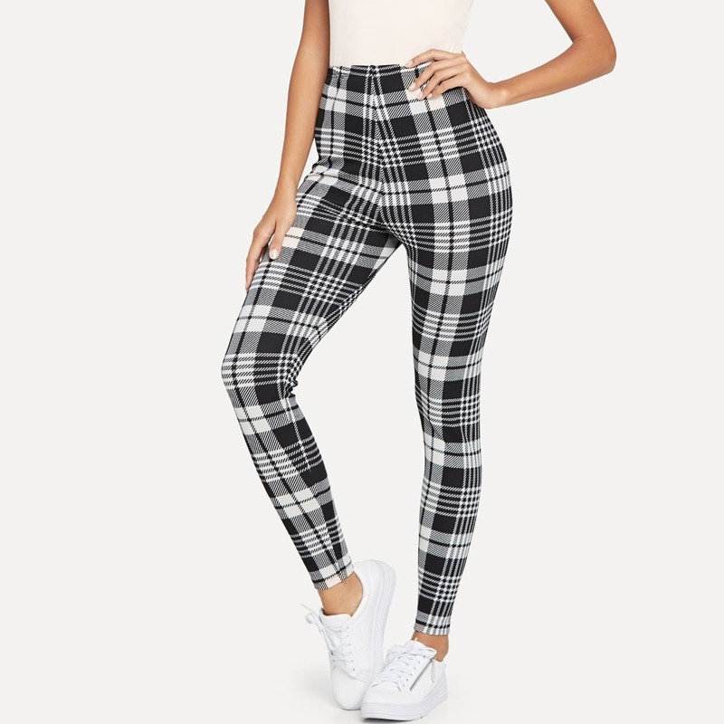 

Plaid Print Leggings, Black and white
