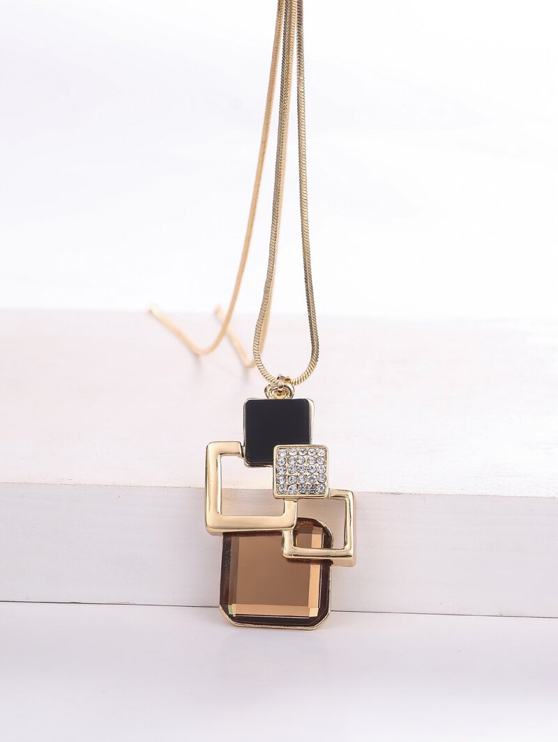 

Layered Square Pendant Gold Plated Necklace, Coffee