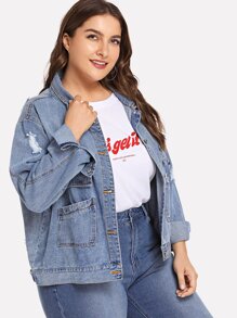 Plus Ripped Pocket Front Denim Jacket