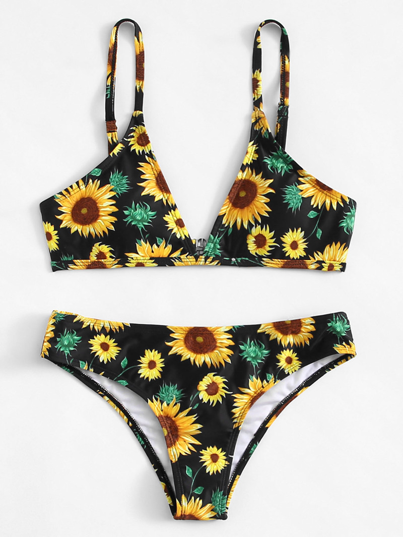 

V-Plunge Flower Print Bikini Set, Multicolor