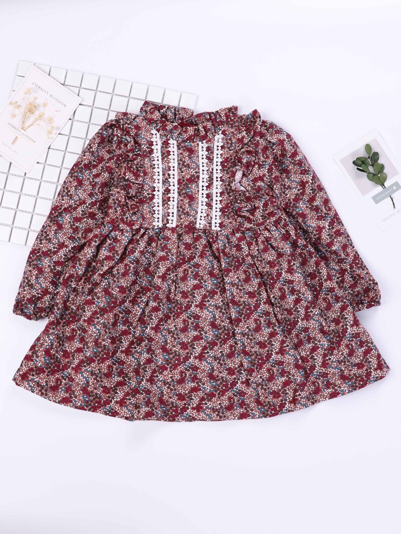 

Girls Leaf All Over Printed Embroidery Detail Dress, Red