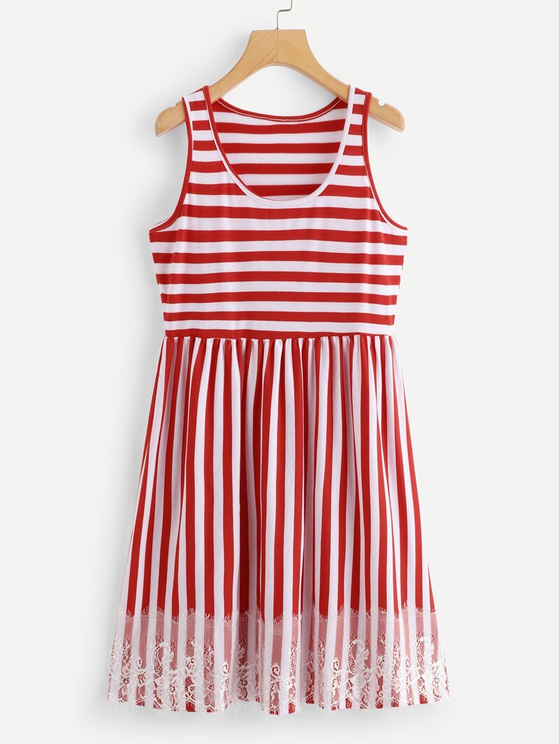 

Contrast Lace Striped Sleeveless Dress, Red