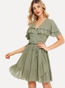 Self Tie Waist Ruffle Trim Tiered Dress