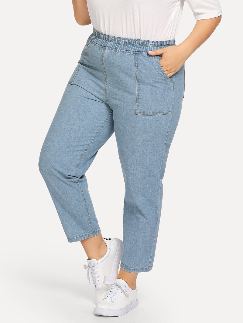 

Plus Elastic Waist Pocket Side Jeans, Blue