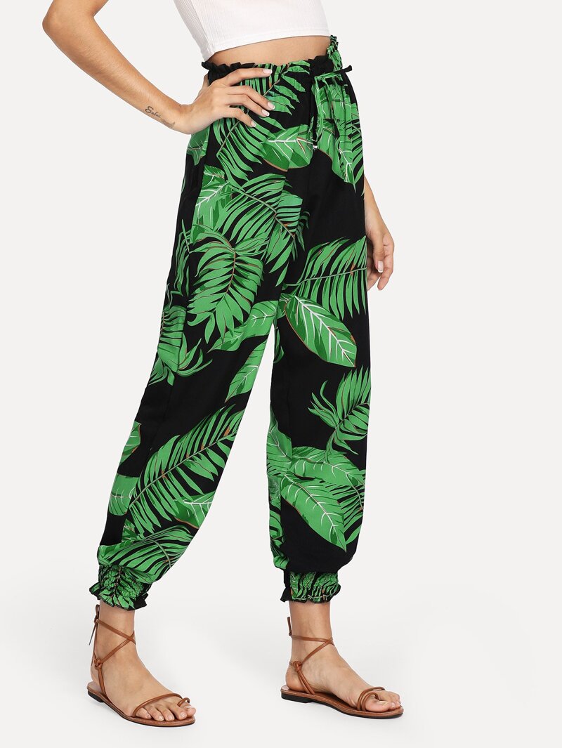

Leaf Print Drawstring Waist Pants, Black, Gabi B