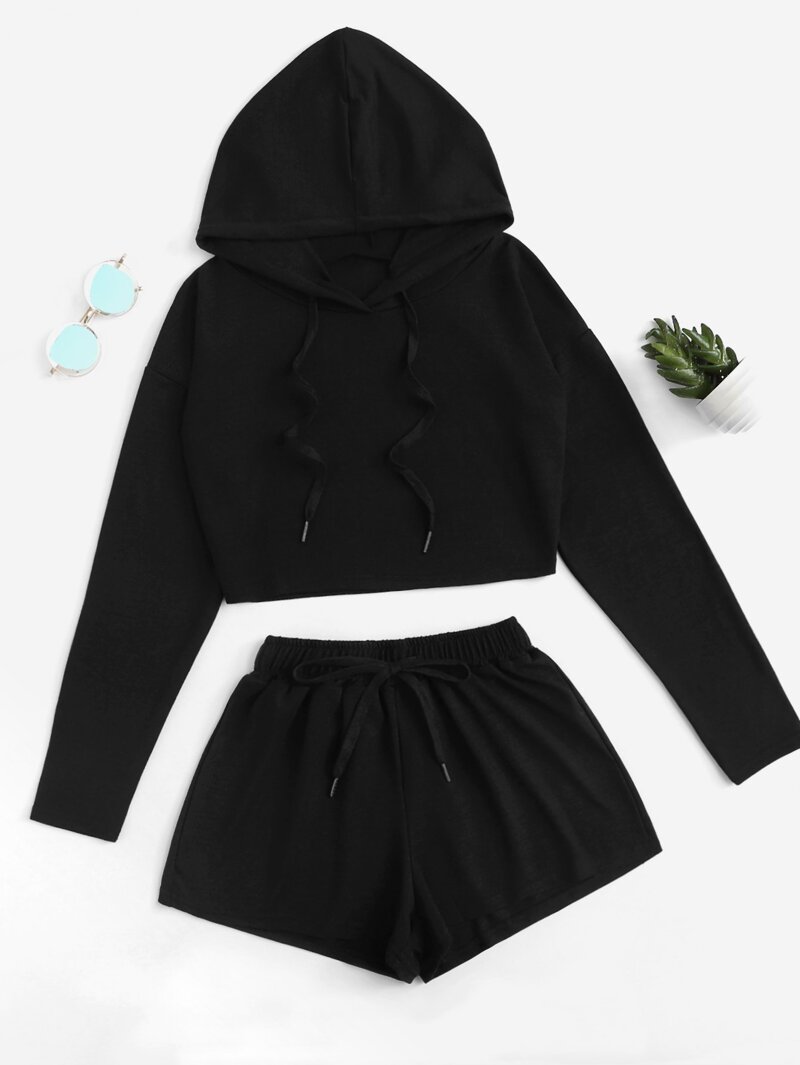 

Drop Shoulder Drawstring Top With Shorts, Black