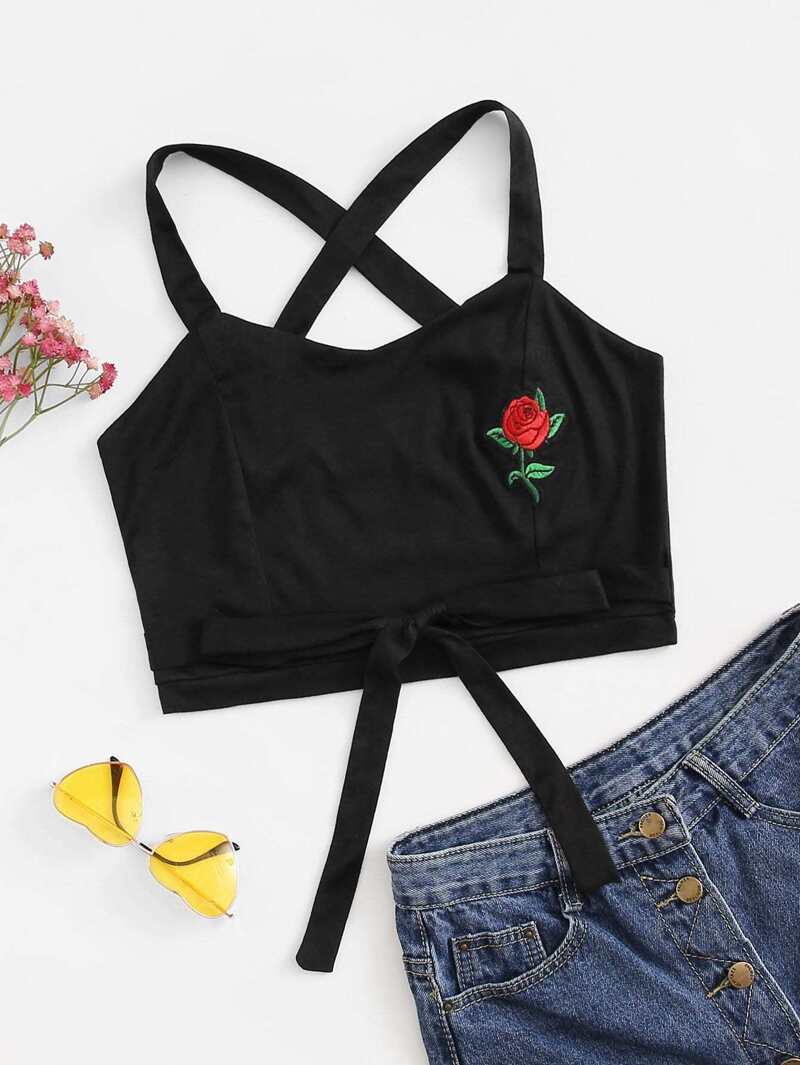 

Rose Embroidery Cross Back Crop Top, Black