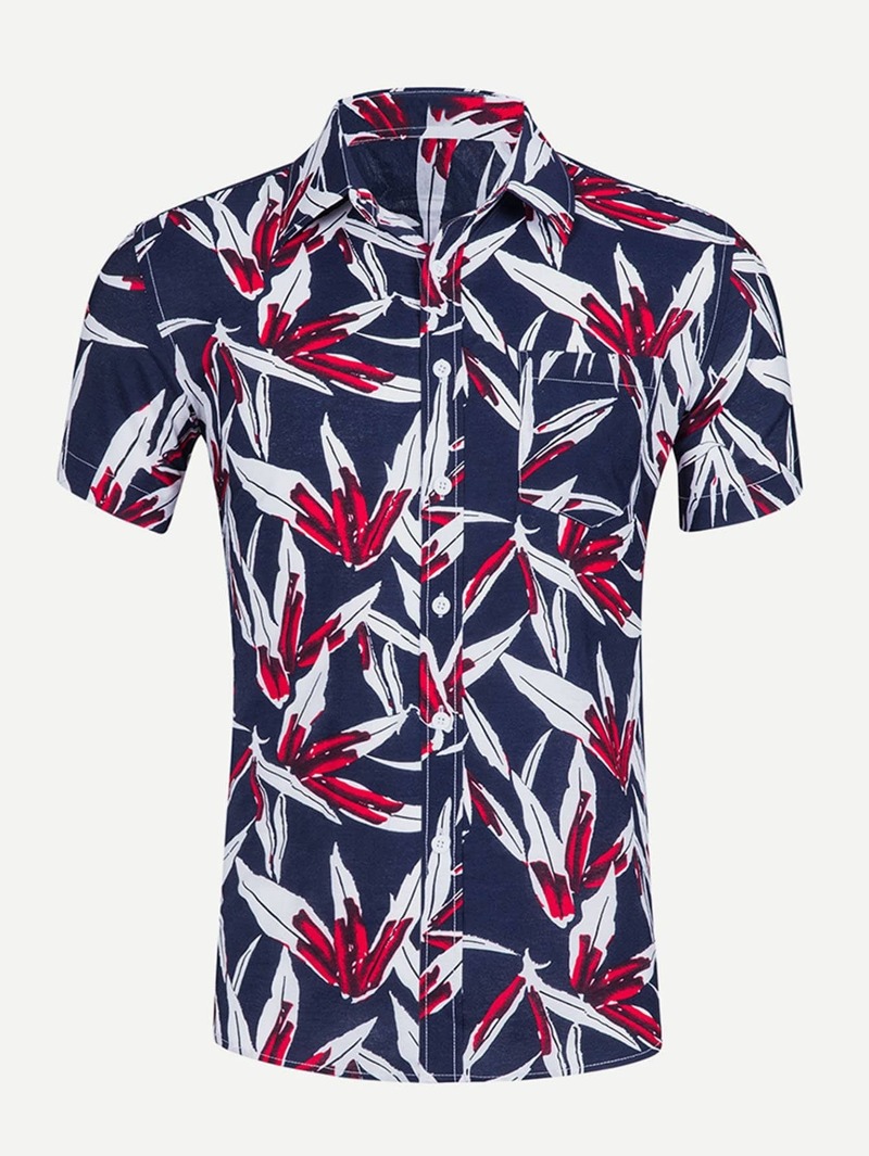

Men Leaf Print Collar Shirt, Multicolor