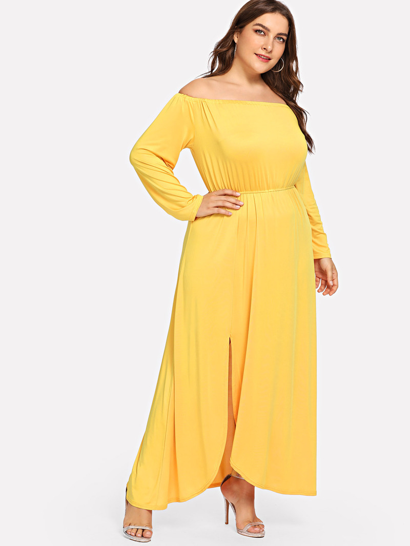 

Plus Off Shoulder Solid Dress, Yellow