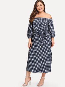 Plus Tie Waist Dot Print Off-Shoulder Dress