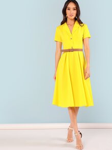 Neon Yellow Notch Collar Fit & Flare Dress