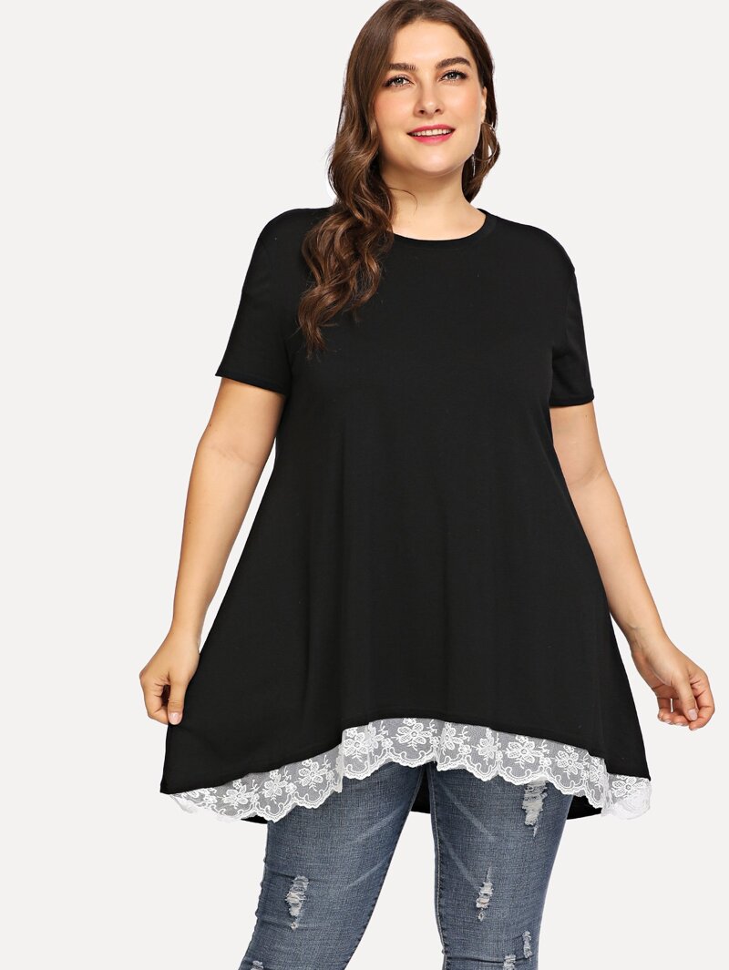 

Plus Contrast Lace Solid Tee, Black, Franziska