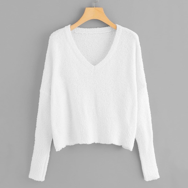 

Drop Shoulder Solid Fuzzy Sweater, White