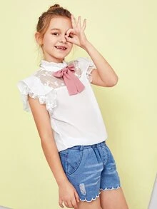 SHEIN 女孩網紗拼接荷葉邊绑结上衣 - 白色 - 查看 4