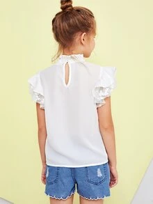 SHEIN 女孩網紗拼接荷葉邊绑结上衣 - 白色 - 查看 2