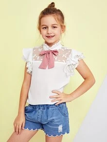 SHEIN 女孩網紗拼接荷葉邊绑结上衣 - 白色 - 查看 1