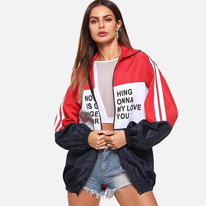 

Zip Up Color Block Letter Print Jacket, Multicolor
