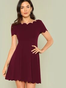 SHEIN Scallop Edge Skater Dress - Burgundy - View 3