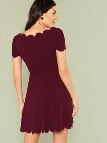 SHEIN Scallop Edge Skater Dress - Burgundy - View 2