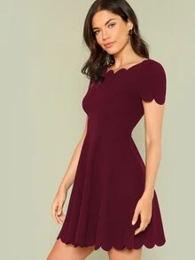 SHEIN Scallop Edge Skater Dress - Burgundy - View 4