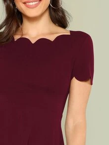 SHEIN Scallop Edge Skater Dress - Burgundy - View 5