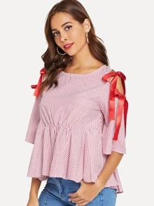 Blusa de rayas con cordón de cinta - Rojo - Ver 2