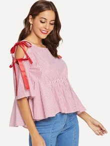 Blusa de rayas con cordón de cinta - Rojo - Ver 3