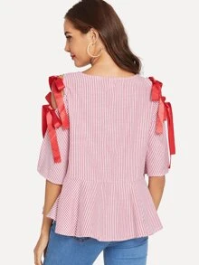 Blusa de rayas con cordón de cinta - Rojo - Ver 4