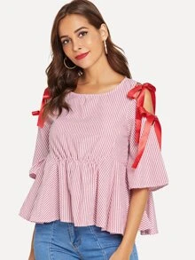 Blusa de rayas con cordón de cinta - Rojo - Ver 1