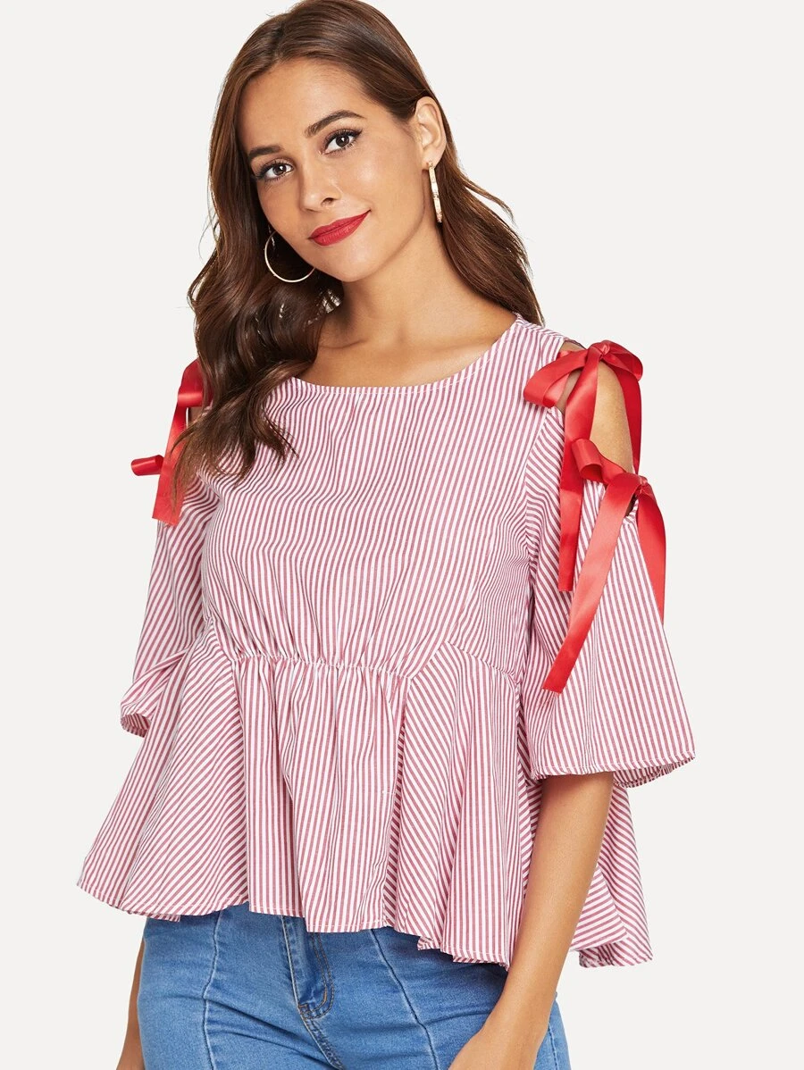 Blusa de rayas con cordón de cinta - Rojo - Ver 1