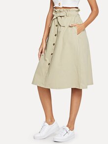 Solid Button Front Belt Skirt