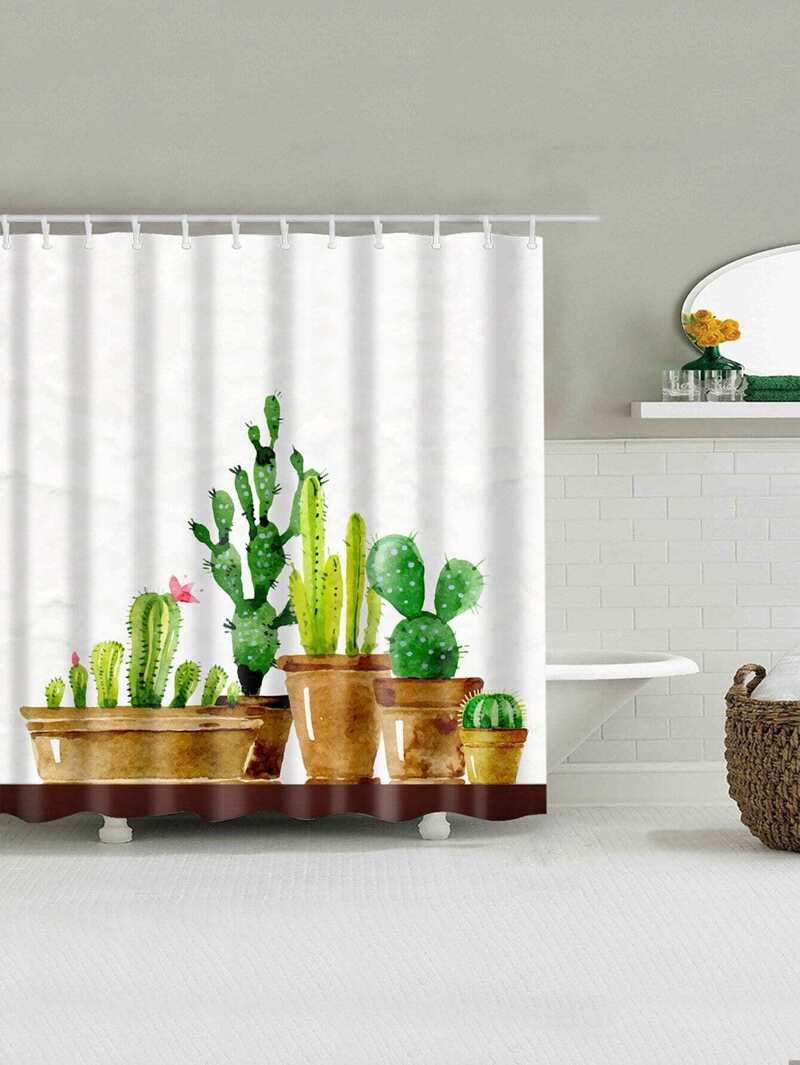 Cactus Pattern Shower Curtain With 12pcs Hookfor Women Romwe