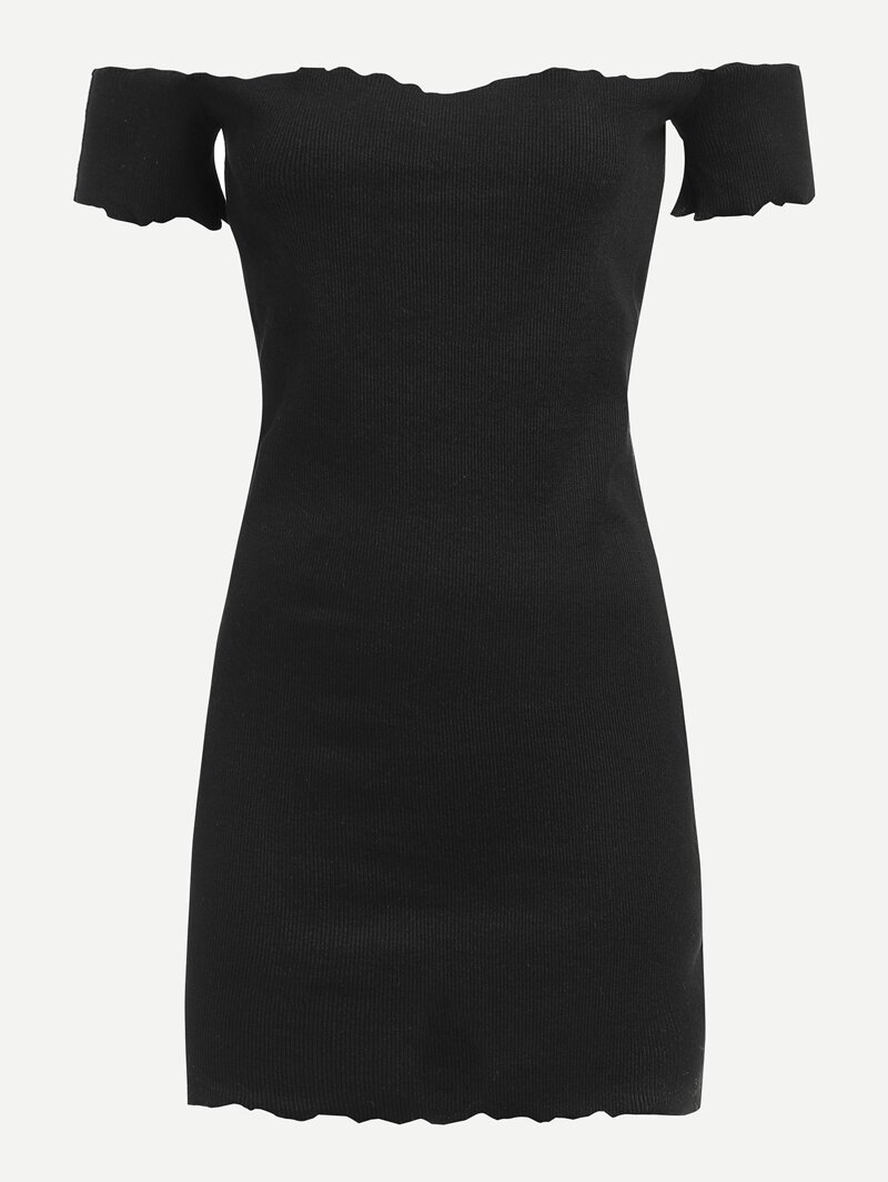 

Off Shoulder Lettuce Trim Dress, Black