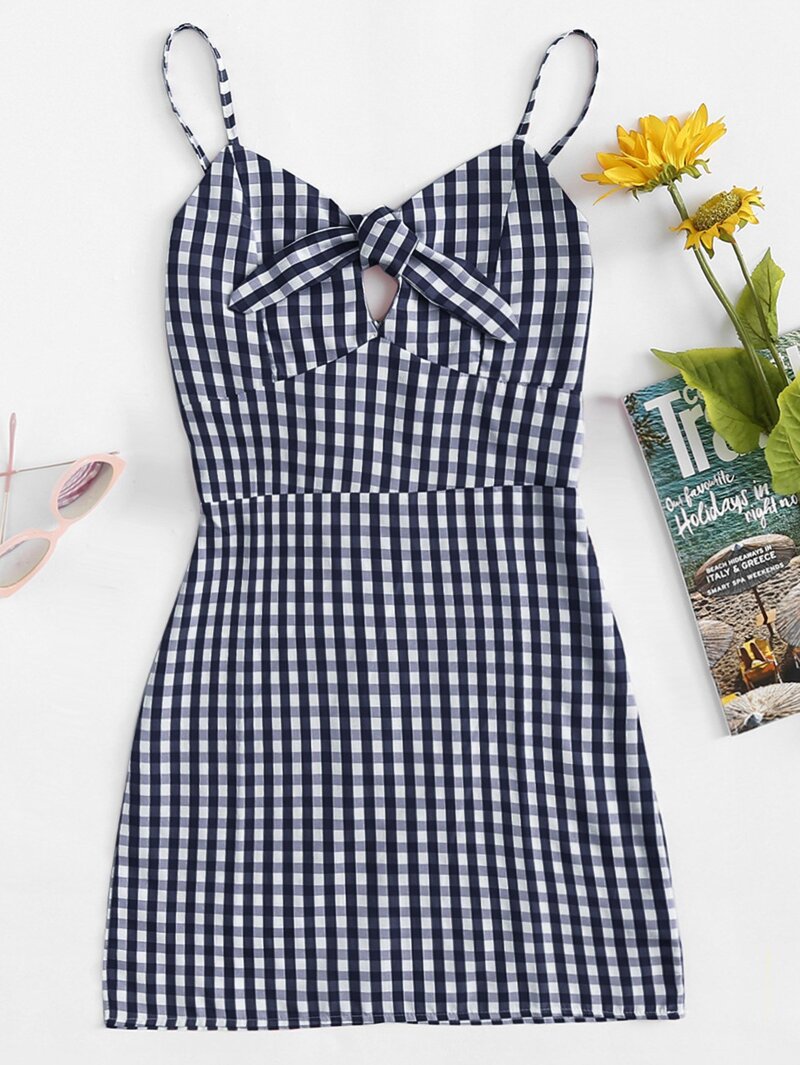 

Knot Front Plaid Cami Dress, Navy
