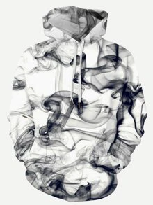 Manfinity Men 3D Abstract Smoke Print Hooded Sweatshirt - Black and White - View 1