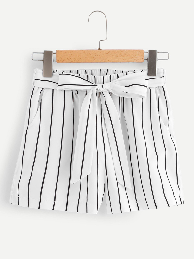 

Self Tie Waist Striped Shorts, White