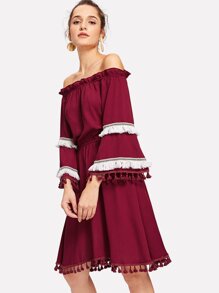 Frill Fringe Off The Shoulder Dress