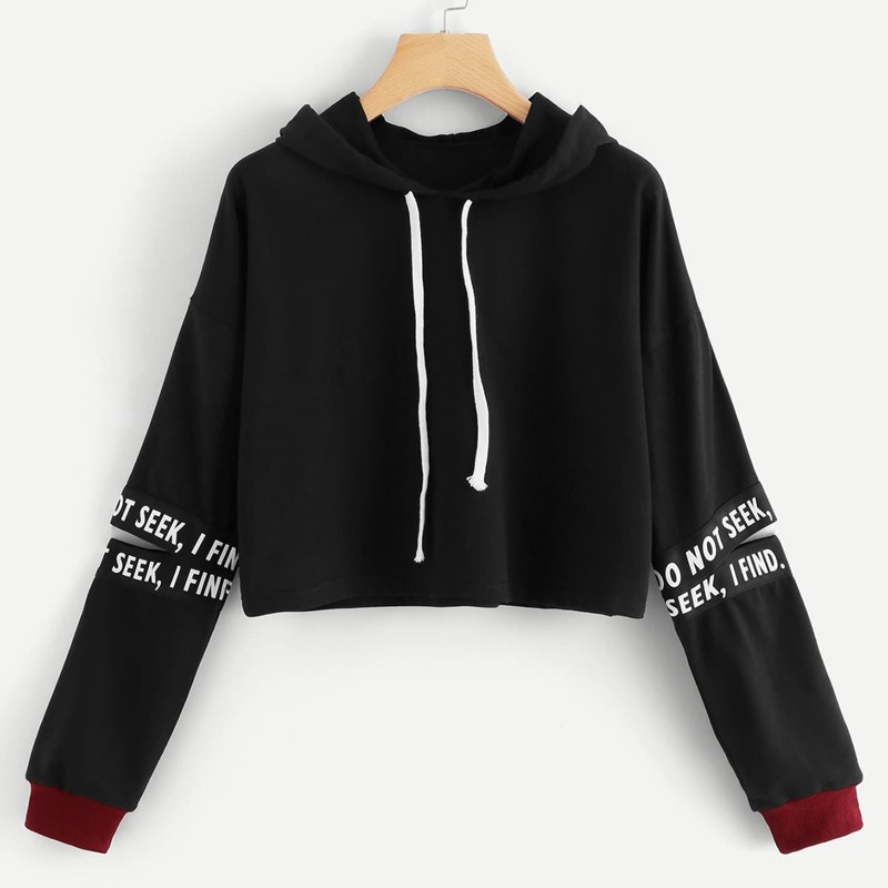 Random Letter Tape Split Sleeve Sweatshirt, Black