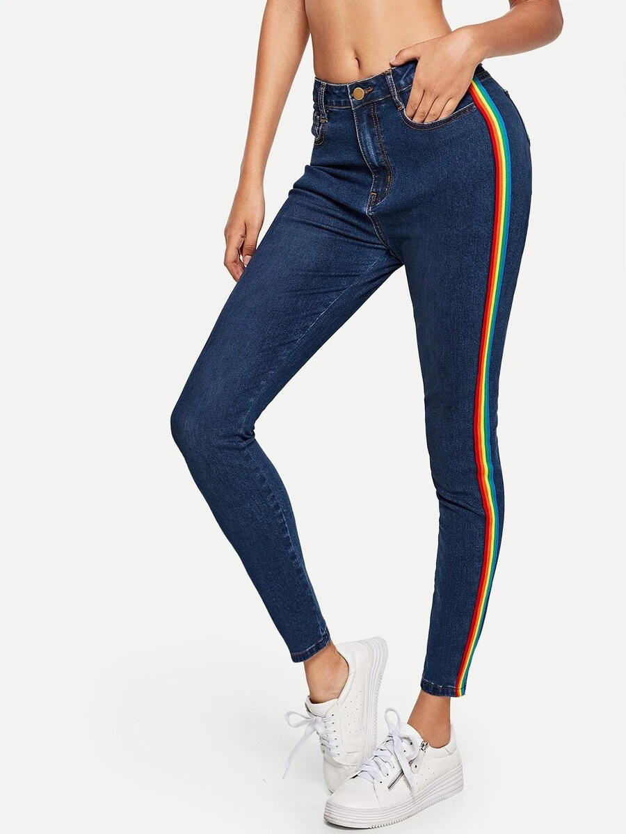 SHEIN Jeans de lado de rayas con lavado negro - Azul - Ver 1