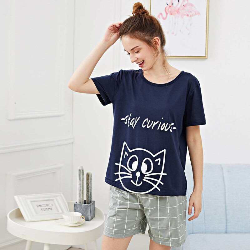 

Cat & Letter Print Pajama Set, Multicolor