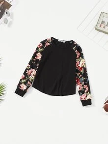 SHEIN Camiseta De Media Edad Para Niñas Con Mangas Raglán Y Estampado Floral - Negro - Ver 1