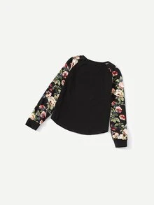 SHEIN Camiseta De Media Edad Para Niñas Con Mangas Raglán Y Estampado Floral - Negro - Ver 2