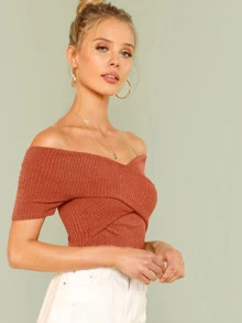 SHEIN Privé 交叉式設計抹胸羅紋上衣 - 亮橙色 - 查看 3