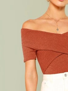 SHEIN Privé 交叉式設計抹胸羅紋上衣 - 亮橙色 - 查看 4