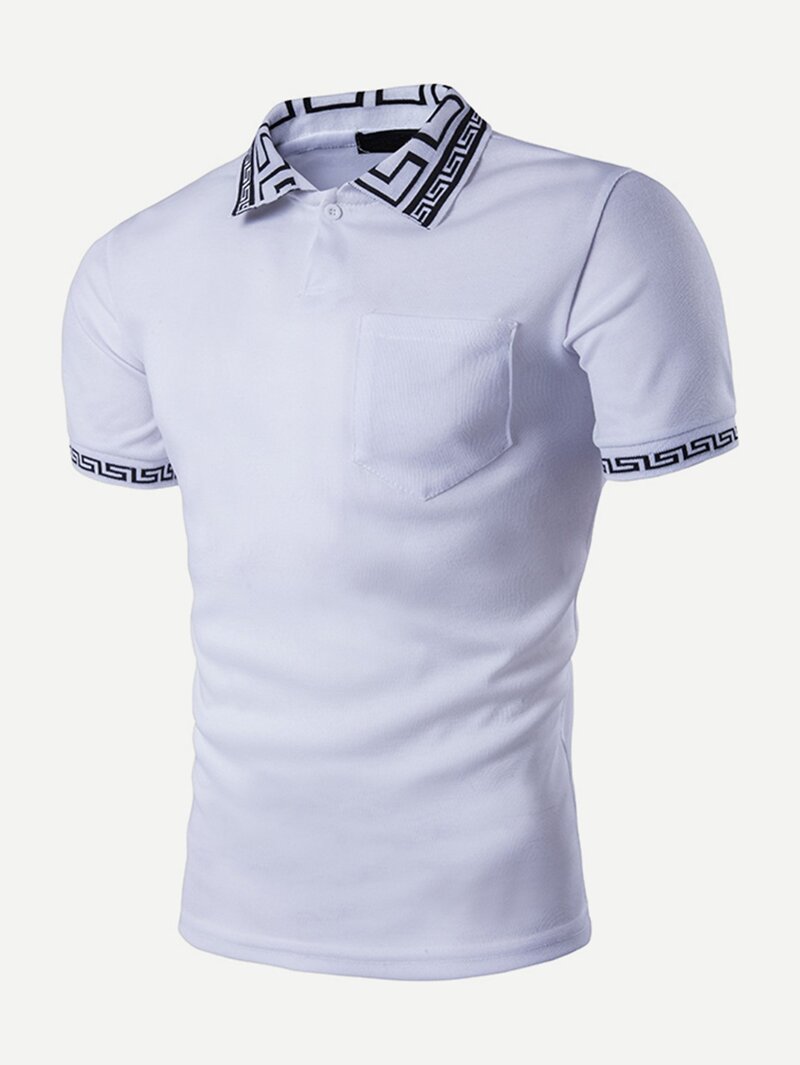 

Men Greek Key Print Detail Polo Shirt, White