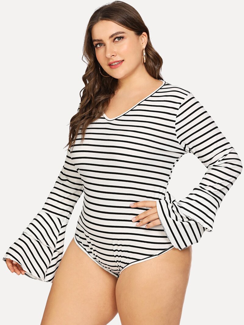 

Plus Flounce Sleeve Striped Bodysuit, Black and white, Franziska