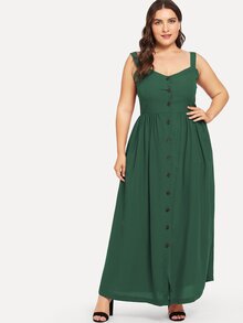 Plus Button Through Straps Solid Dress