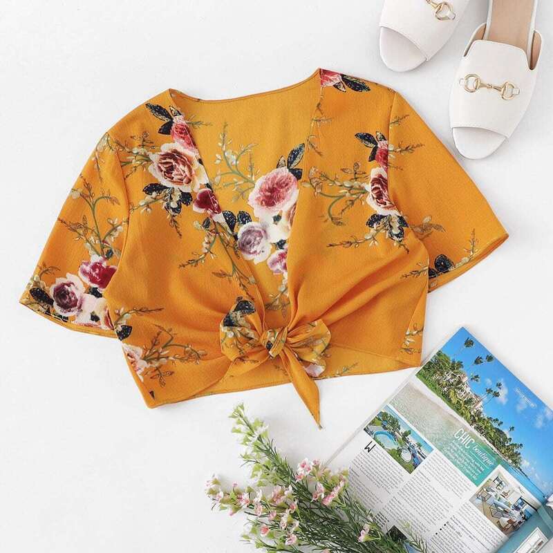 

Floral Print Knot Front Top, Yellow
