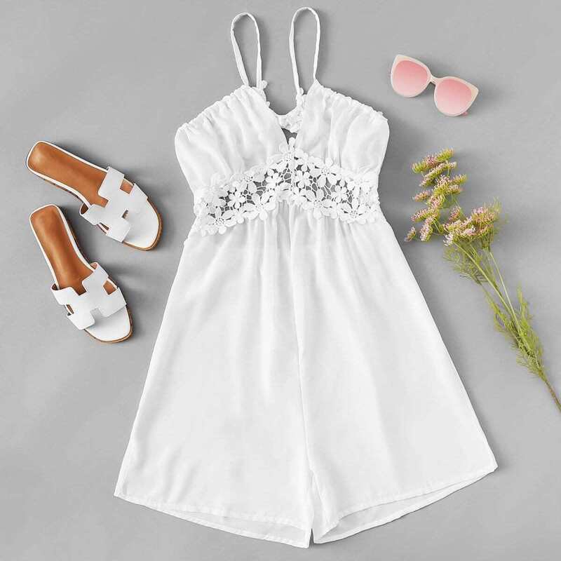 

Open Back Lace Panel Cami Romper, White
